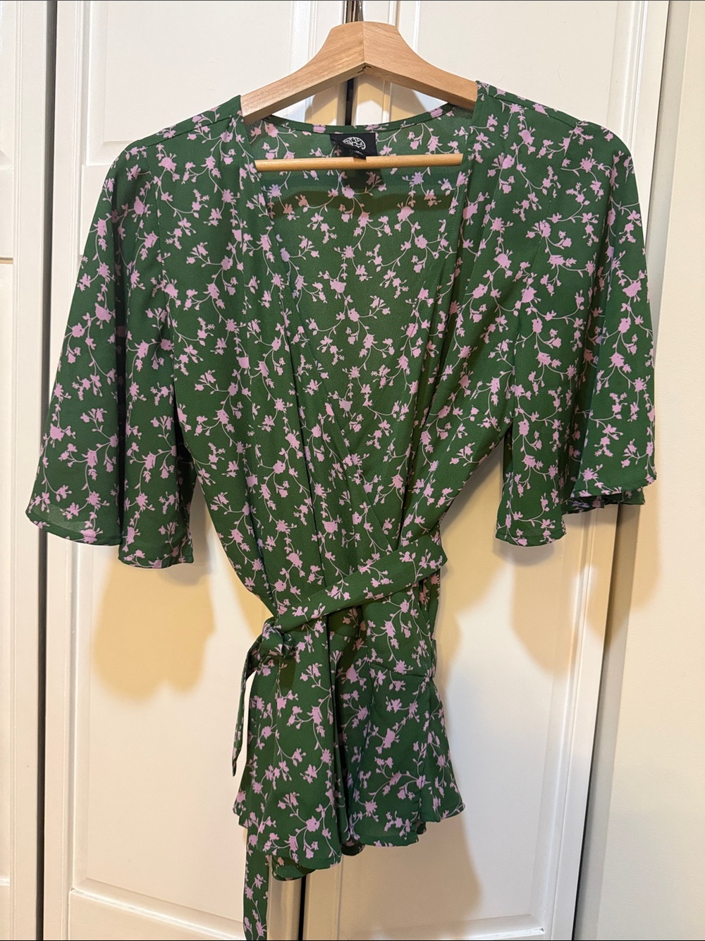 bobeau Green Floral Wrap Top with Lilac Accents